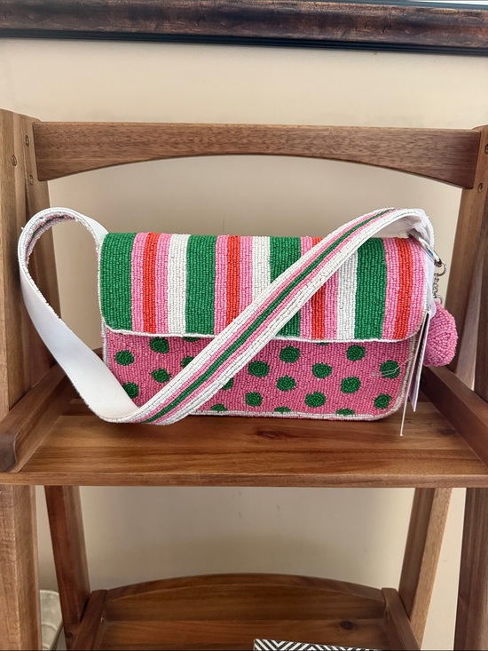 America & Beyond Handbags - Pink and Green Beaded Crossbody Bag with Pom Accent
